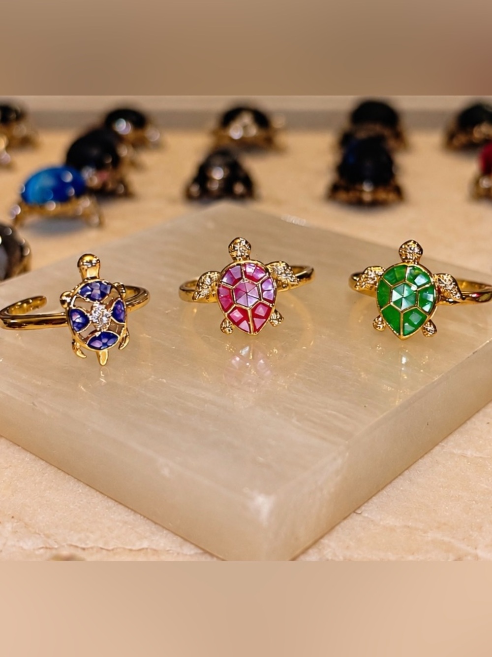Gold Turtle Rings with Genuine Gemstones | Adjustable Fashion Rings